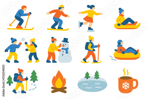 Snowy Activities Outdoor Fun — Bright Flat Icons flat icons: skiing, snowboarding, ice skating, sledding, snowball fight, snowman building, snowshoeing, tubing, hiking trail,