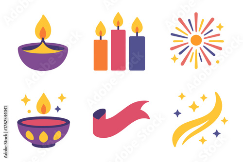 Diwali Joy flat icons: candles, decorative bowl, fireworks burst, ribbon, sparkles, light trail.