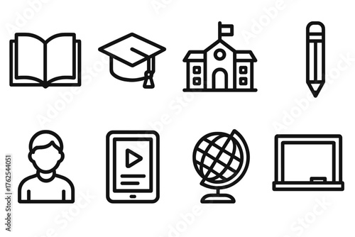 Education Access outline icon set: open book, graduation cap, school building, pencil icon, student figure, learning tablet, globe symbol, chalkboard.