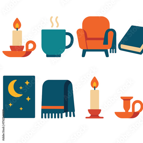 Soothing Sips — Evening unwind flat icons: candle glow, tea mug, cozy chair, blanket, book, moonlight, starry window, candleholder.