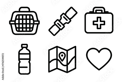 Travel Safety outline icon set: carrier crate, seatbelt, first aid kit, water bottle, map, heart.