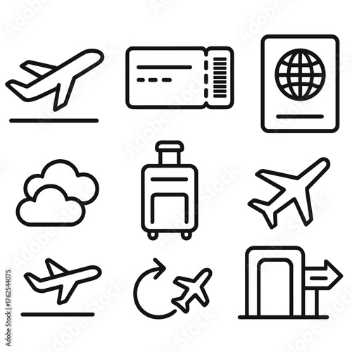 Air Travel outline icon set: airplane takeoff, ticket barcode, world map, passport cover, clouds icon, luggage bag, route arrow, boarding gate.