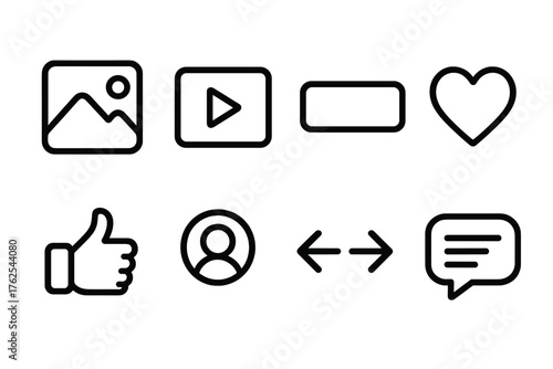 Media Feed Design outline icon set: photo post, video tile, caption box, reaction icons, profile badge, carousel arrows, chat bubble, live indicator.