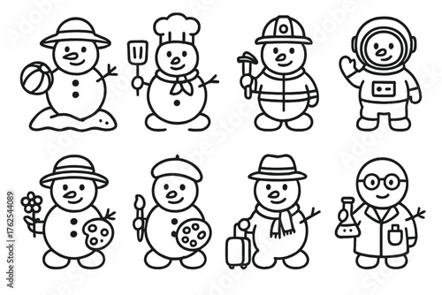 Themed Snowmen outline icon set: beach snowman, chef snowman, firefighter snowman, astronaut snowman, gardener snowman, painter snowman, traveler snowman, scientist snowman.