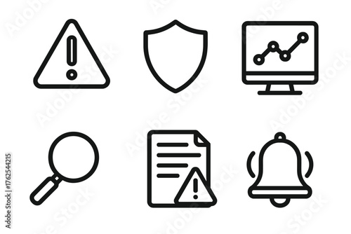 Risk Management outline icon set: warning triangle, shield icon, data chart, magnifying glass, report document, alert bell.