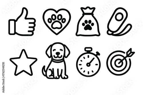 Positive Reinforcement outline icon set: thumbs-up, heart paw, treat bag, clicker, reward star, calm dog, timer, motivation icon.