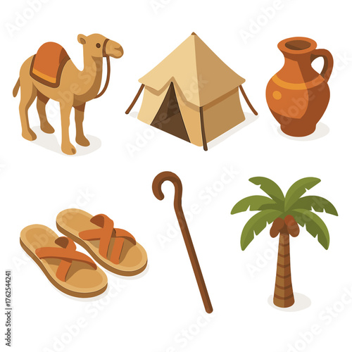 Nomadic desert set icons in modern isometric flat vector style: camel, tent, water jug, sandals, staff, palm tree.