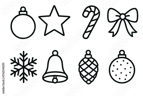 Tree Ornaments outline icon set: glass bauble, golden star, candy cane, red ribbon, snowflake ornament, silver bell, pinecone, glitter ball.