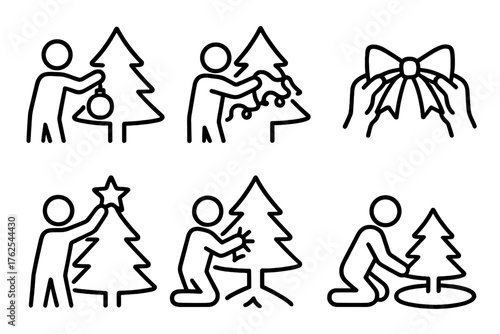 Holiday Decorating outline icon set: bauble placement, light winding, bow tying, topper setting, branch fluffing, tree skirt arranging.