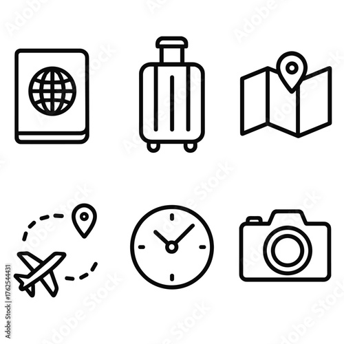 Travel Essentials outline icon set: passport, suitcase, map icon, flight route, clock, camera.