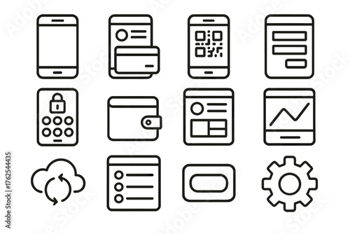 Digital Banking Interfaces outline icon set: smartphone, app layout, QR payment, online form, secure pin pad, wallet icon, account summary, analytics chart, cloud sync, transaction