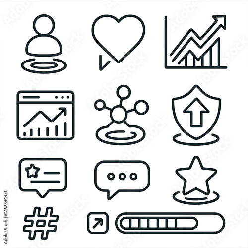 Futuristic Follower Growth outline icon set: holographic user icon, glowing heart, neon chart line, cyber badge, virtual upward arrow, AI social dashboard, luminous share icon,