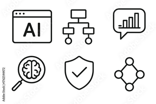 Explainable AI outline icon set: transparency window, logic flowchart, data insight bubble, magnifying glass, trust shield, reasoning diagram.