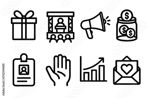 Charity Campaigns outline icon set: gift box, event stage, megaphone, coin jar, sponsor badge, volunteer hand, donation chart, invitation card.