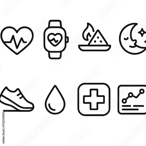 Health Apps outline icon set: heart rate icon, fitness tracker, calorie counter, sleep monitor, step counter, hydration reminder, medical cross, wellness dashboard.