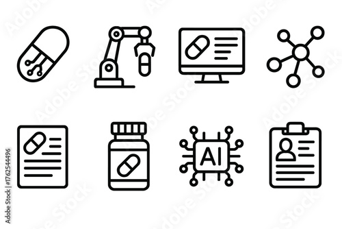 Pharmaceutical Tech outline icon set: smart capsule, laboratory robot, digital analysis screen, molecular diagram, prescription data, drug container, AI research, health record