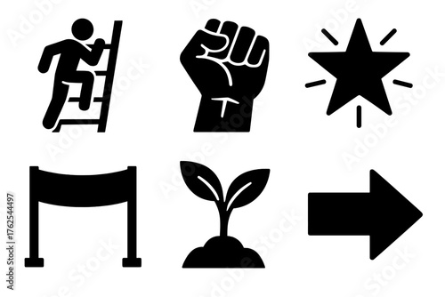 Motivation silhouette set: person climbing ladder, fist raised, shining star, finish line, growth plant, guiding arrow.