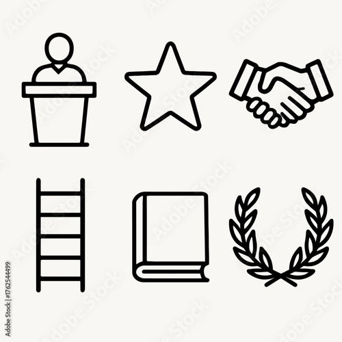 Leadership Development outline icon set: podium, star, handshake, ladder, book, laurel wreath.