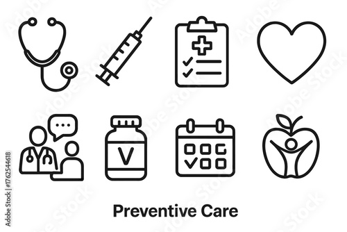 Preventive Care outline icon set: stethoscope, vaccine syringe, medical checklist, heart icon, doctor consultation, vitamins bottle, calendar reminder, healthy lifestyle symbol.