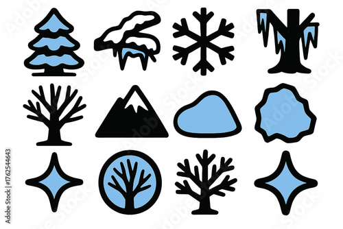 Winter Trees silhouette set: frosted pine, snow-covered branch, icy crystal, frozen trunk, bare tree, mountain silhouette, snow drift, icy outline, blue sparkle, moonlit tree,