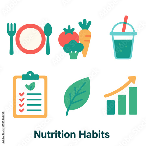 Nutrition Habits flat icons: plate icon, vegetables, smoothie cup, meal plan, leaf symbol, healthy chart.