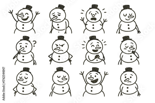 Emotive Snowmen set of icons in doodle hand-drawn vector style: joyful snowman, tired snowman, scared snowman, calm snowman, puzzled snowman, angry snowman, delighted snowman,
