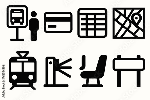 Public Transit silhouette set: bus stop, metro card, timetable, city map, tram, turnstile, seat icon, station sign.