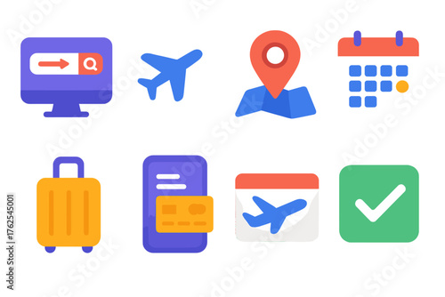 Flight Booking flat icons: flight search, airplane ticket, destination pin, date picker, travel bag, payment screen, boarding pass, approval icon.
