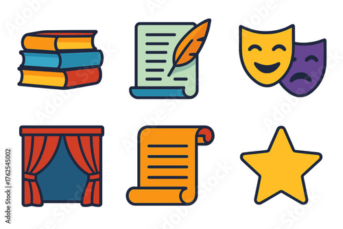 Story anthology flat icons: stack of books, script, theater mask, stage curtain, scroll, star.