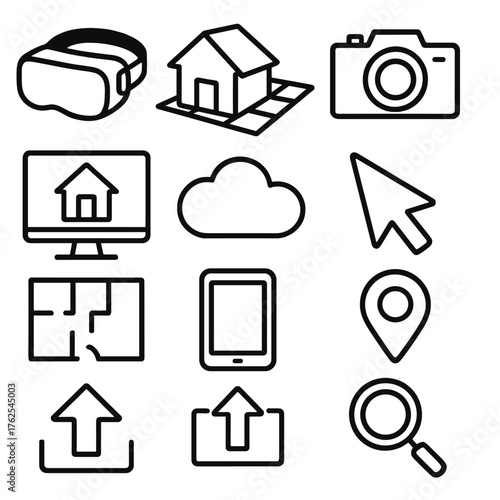 Virtual Real Estate outline icon set: VR headset, 3D house, map grid, camera, computer monitor, cloud icon, cursor, location pin, floor plan, tablet, upload arrow, magnifying glass