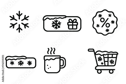Winter Checkout Experience outline icon set: snowflake loading icon, frosty payment button, cozy color palette, gift wrap option toggle, holiday discount badge, winter-themed