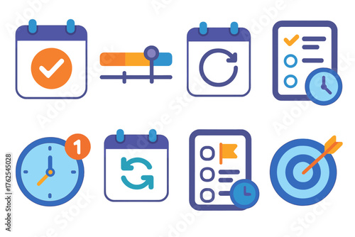 Remote Scheduling flat icons: appointment icon, timeline chart, recurring meeting, daily planner, clock hand, notification badge, calendar sync, goal tracker.