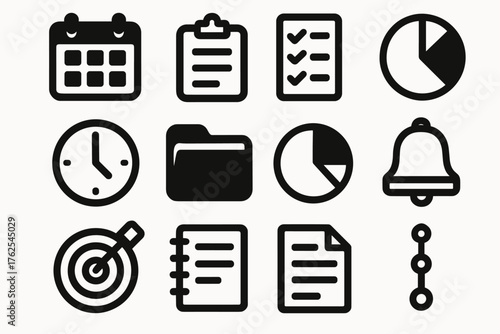 Weekly Planning silhouette set: calendar grid, clipboard, checklist, clock, folder, pie chart, pen icon, notebook, reminder bell, goal target, document sheet, progress tracker.