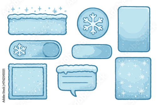Winter Interface Design set of icons in doodle hand-drawn vector style: snow shimmer header, glowing snowflake button, frozen toggle, ice gradient menu, frosted overlay, winter