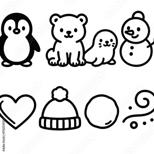 Winter Buddies outline icon set: penguin, polar bear cub, seal pup, snowman, ice heart, wool hat, snowball, snow swirl.
