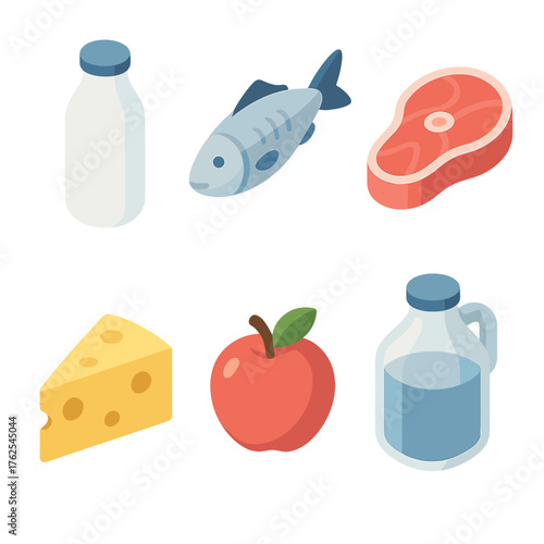 Food storage set icons in modern isometric flat vector style: milk bottle, fish, meat cut, cheese wedge, apple, water jug.