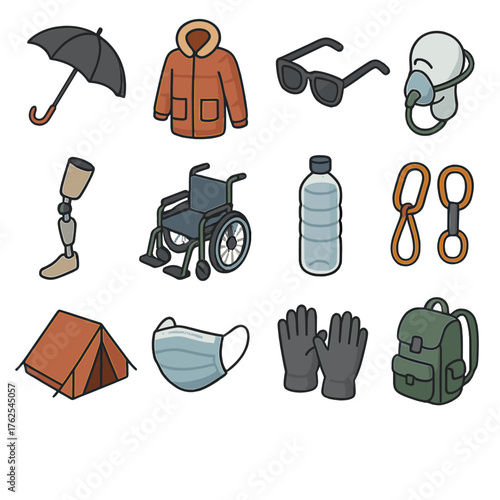 Human adaptation set icons in modern isometric flat vector style: umbrella, winter coat, sunglasses, oxygen mask, prosthetic leg, wheelchair, water bottle, climbing gear, shelter