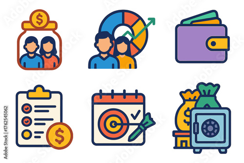 Family Finance flat icons: joint savings icon, family budget chart, shared wallet, allowance tracker, school expense record, emergency fund jar, family goal planner, secure home