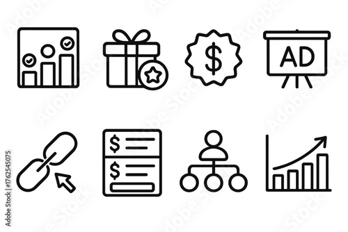 Revenue Models outline icon set: subscription plan chart, freemium tier icon, transaction fee badge, advertising revenue board, affiliate link symbol, product pricing table,