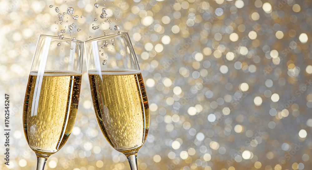 Fototapeta premium Champagne Toast of Celebration: Two champagne glasses are raised in a celebratory toast, filled with effervescent liquid and bubbles, sparkling against a backdrop of twinkling lights.