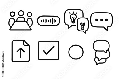 Collaborative Communication set of icons in doodle hand-drawn vector style: meeting icon, voice message, idea exchange, comment box, file upload, task update, status dot,