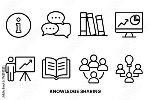 Knowledge Sharing outline icon set: info icon, group chat, shared library, data visualization, presentation chart, open notebook, team discussion, knowledge hub.