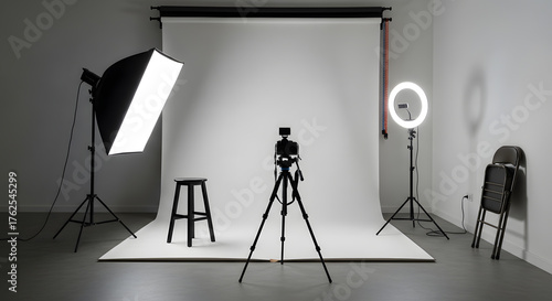 Professionally equipped photography studio with a bright white backdrop and modern lighting setup, ready for high-quality content creation and creative visual projects