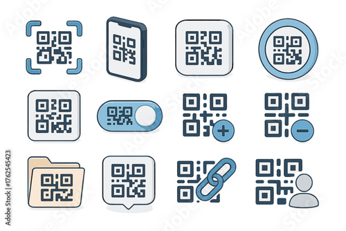 QR Code UI set icons in modern isometric flat vector style: QR code scanner icon, phone with QR code, app with QR code, QR code inside circle, QR code inside square, QR code toggle