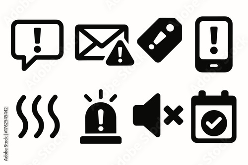 Alert System silhouette set: pop-up bubble, email alert, urgent tag, app notification card, vibration icon, light indicator, mute toggle, calendar reminder.