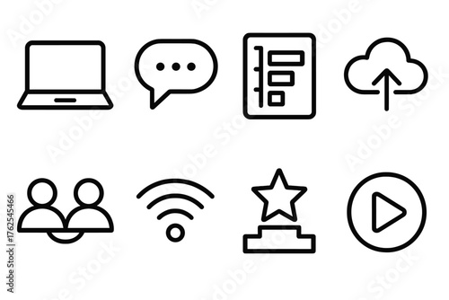 Online Gaming outline icon set: laptop screen, chat bubble, leaderboard, cloud sync, multiplayer icon, connection signal, ranking star, play button.
