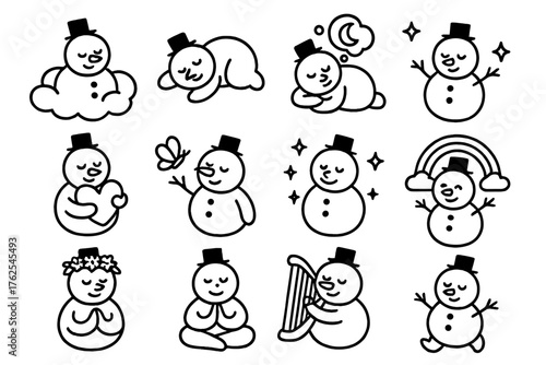 Dreamy Snowmen outline icon set: snowman on cloud, snowman sleeping, snowman dreaming, snowman with stars, snowman holding heart, snowman with butterfly, snowman surrounded by