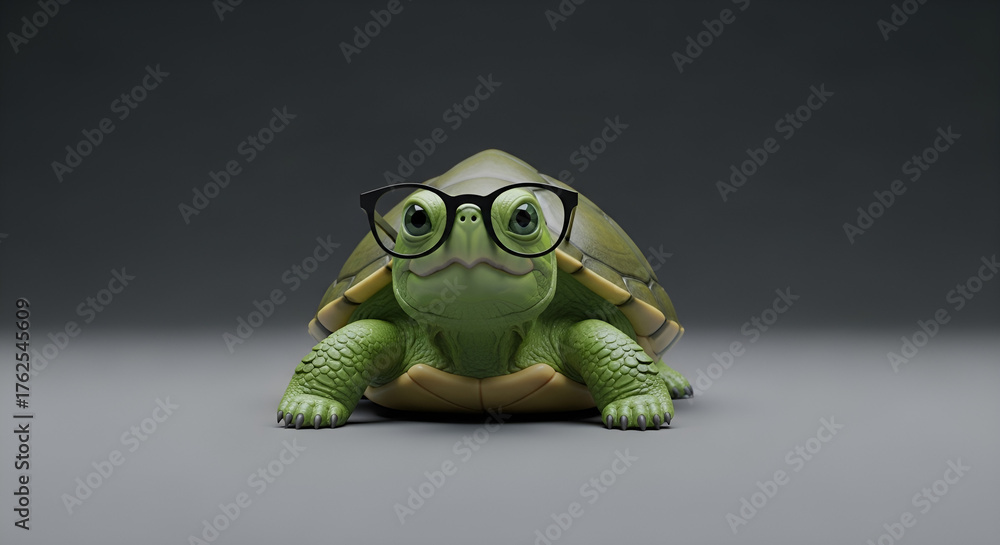 Obraz premium Realistic photo of a cute green turtle wearing glasses on a plain gray background, looking smart and adorable.