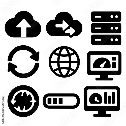 Cloud Migration silhouette set: upload arrow, data cloud, transfer icon, server rack, synchronization symbol, global network, progress bar, system dashboard.