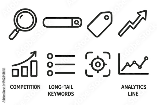 Keyword Strategy set of icons in doodle hand-drawn vector style: magnifying glass, search bar, keyword tag, ranking arrow, competition chart, long-tail list, focus icon, analytics